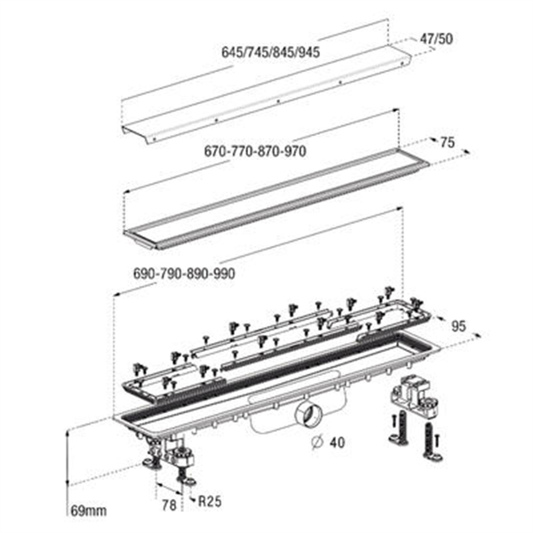 Caniveau de douche Docia à faible hauteur avec grille réversible - ø femelle 40 mm - 95 x 890 mm