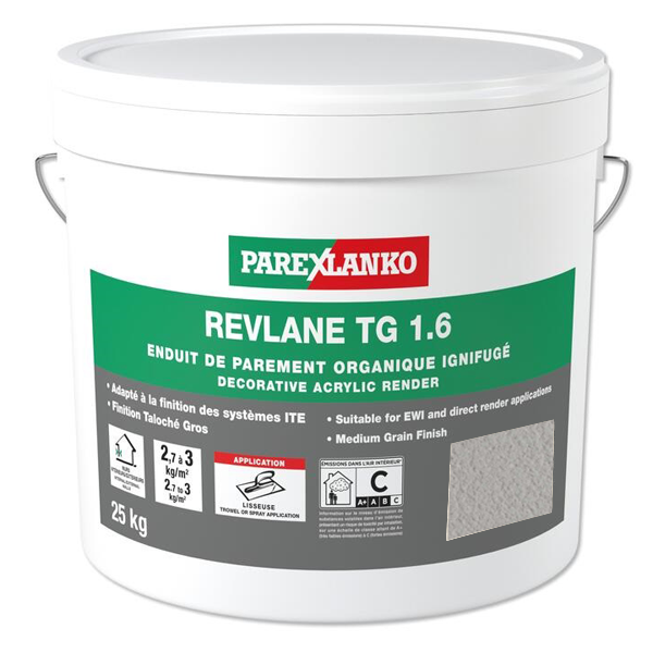 Enduit de parement organique ignifugé pour façades - Revlane TG 1.6 Parexlanko - G50 Gris cendre - Seau de 25 KG