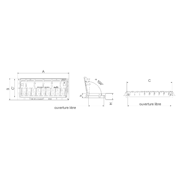 Grille caniveau fonte PMR articulée D400 pour avaloir - Cadre 850 x 360 mm - Grille 750 x 300 mm - Ouverture libre 720 x 255 mm