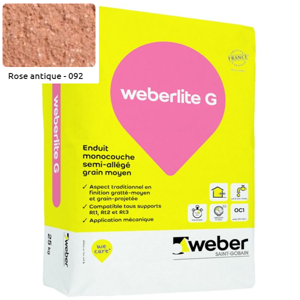 Enduit monocouche semi-allégé et coloré à grain moyen WeberLite G 092 Rose antique - sac de 25 KG