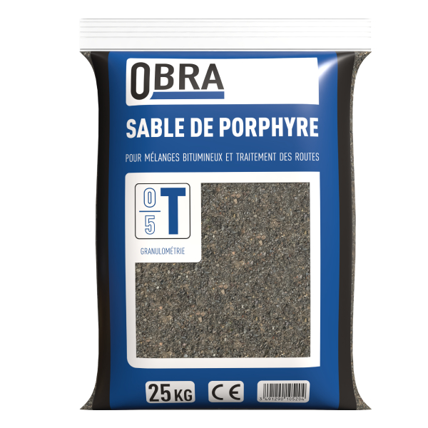 Sable porphyre 0/5 mm - Pour mélanges bitumineux et traitement des routes - 2,7 g/cm³ - Sac de 25 kg