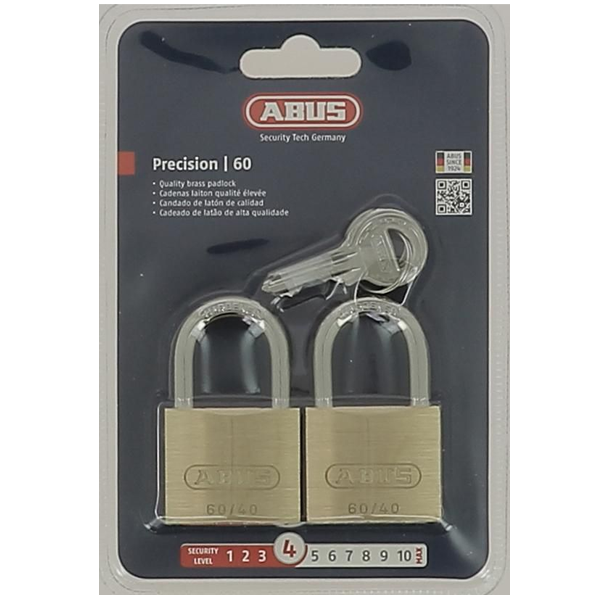 Cadenas à clé Abus 60/40 en laiton massif avec anse en acier cémenté - avec 2 clés - 38,5 x 65,5 mm - lot de 2