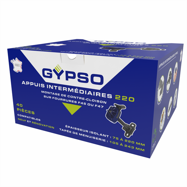 Appui intermédiaire réglable Gypso 220 pour fourrure F45 ou F47 - isolant de 75 à 220 MM - Boîte de 40
