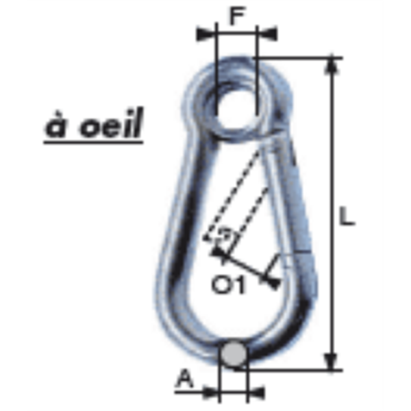 Mousqueton forme poire acier zingué à oeil diamètre 6 mm longueur 60 mm