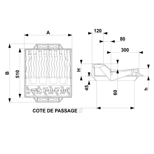 Avaloir à grille C250 en fonte ductile Profil A pour collecte eaux pluviales en bordure de voirie - 510 x 600 mm