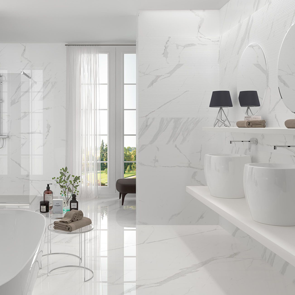 Faïence murale effet marbre avec décor linéaire - Baggio - 33,3 CM x 100,0 CM - ép. 7,00 MM - Blanc Mat