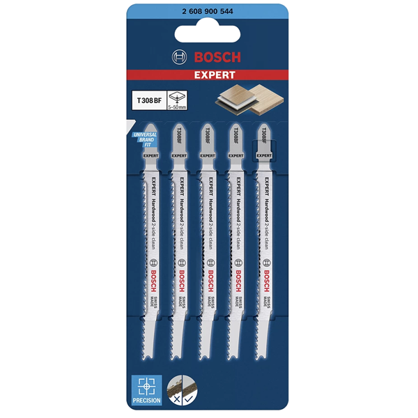 Lame de scie sauteuse bois - Expert Hardwood 2-side Clean T 308 BF Bosch - 117 mm - lot de 5