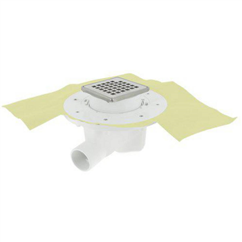 Siphon PVC pour sol carrelé avec grille 10 x 10 cm et cadre en Inox 304 - sortie horizontale ø 40/50 mm