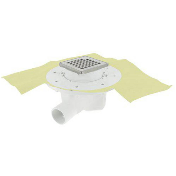 Siphon PVC pour sol carrelé avec grille 10 x 10 cm et cadre en Inox 304 - sortie horizontale ø 40/50 mm