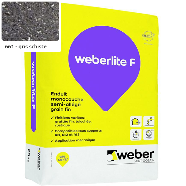 Enduit monocouche semi-allégé et coloré à grain fin WeberLite F 661 Gris schiste - sac de 25 KG