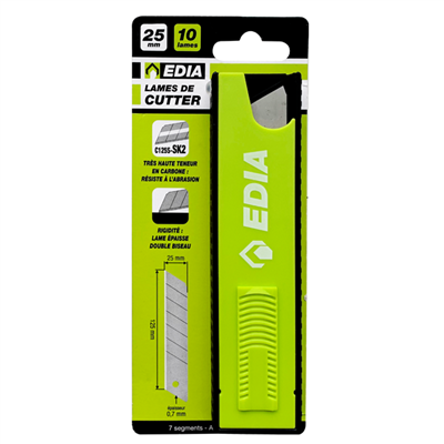 Lame biseautée sécable pour cutter - Edia - Largeur 25 MM - Lot de 10 avec étui distributeur