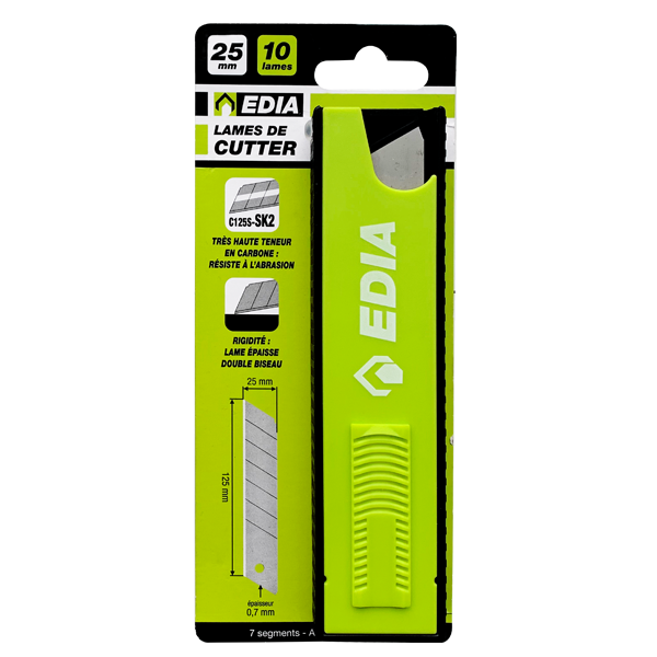 Lame biseautée sécable pour cutter - Edia - Largeur 25 MM - Lot de 10 avec étui distributeur
