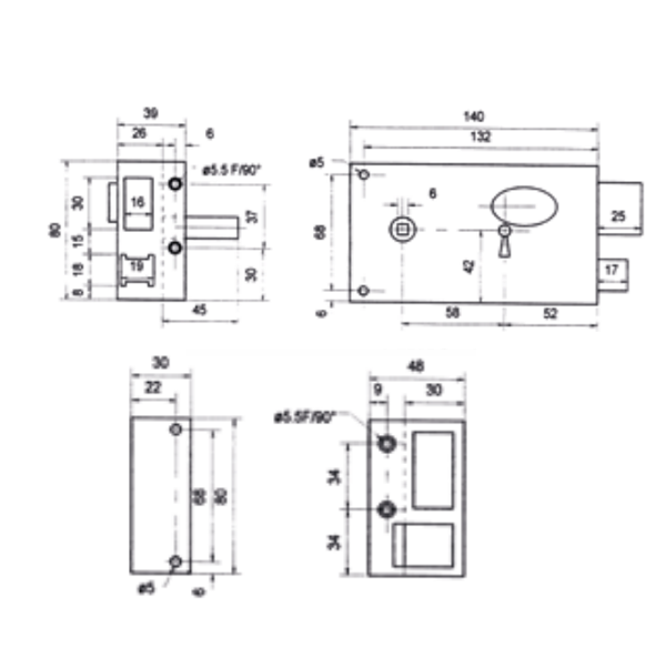 Serrure en applique horizontale à fouillot Abus - 4 gorges - sens droit - noire - 2 clés - 140 x 80 mm