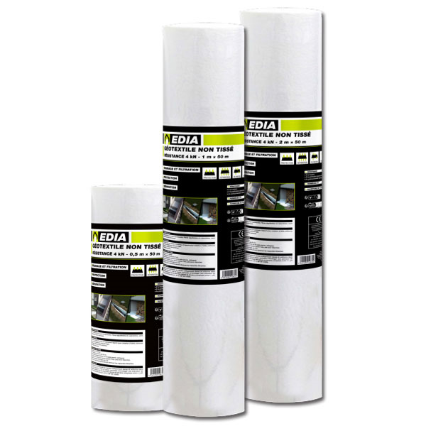 Géotextile non-tissé imputrescible pour aménagement extérieur - Résistance 4 kN - Edia - 2 m x 50 m