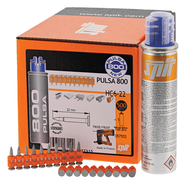 Clou Spit Pulsa 800 - Clou HC6 15,0 mm pour cloueur à gaz Pulsa 800 - Boîte de 500 + 1 cartouche gaz