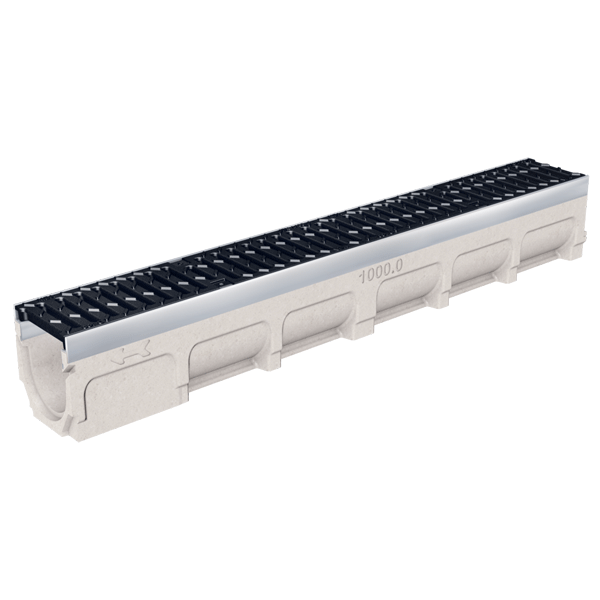 Caniveau en béton polymère MEADRAIN SV 1000 avec feuillures acier galvanisé et grille fonte D400 - Largeur 100,0 mm - Longueur 1 m