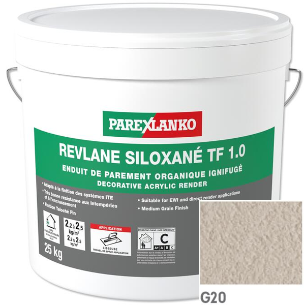 Enduit de parement organique ignifugé Parexlanko Revlane Siloxané TF 1.0 G20 Blanc cassé - Seau de 25,0 KG