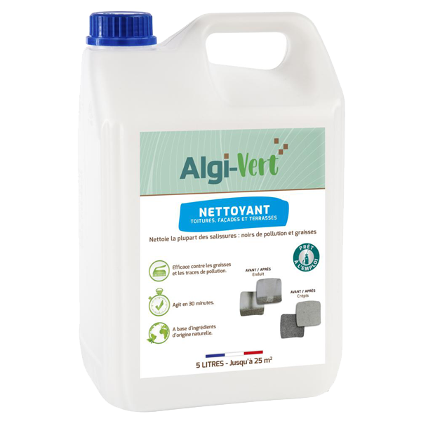 Nettoyant éco-responsable pour toitures façades et terrasses - Algi-Vert - bidon de 5 litres
