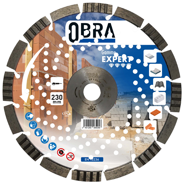 Disque diamant expert pour découpe matériaux durs Ø 230 mm - Obra - 16 segments - Alésage 22,23 mm