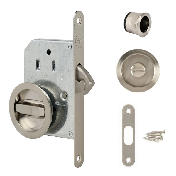Kit de serrure sur porte coulissante à condamnation avec cuvettes de tirage - Pêne crochet - Axe 50 mm - Carré de 6 mm