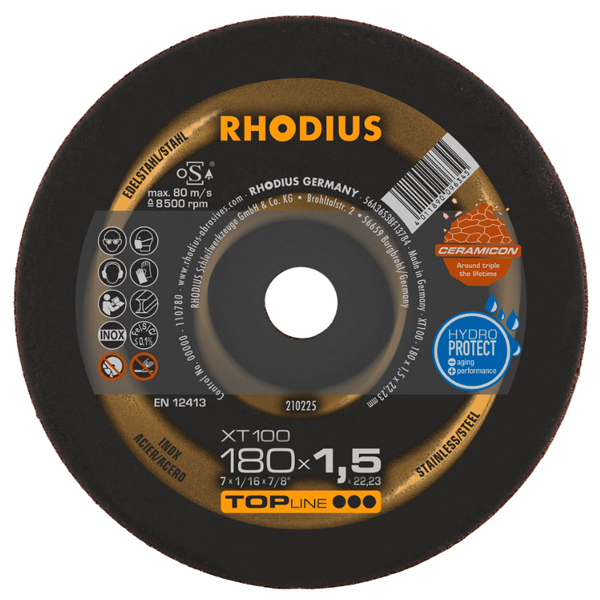 Disque à tronçonner inox XT100 Rhodius avec grain abrasif céramique 180 x 1.5 x 22.23 mm