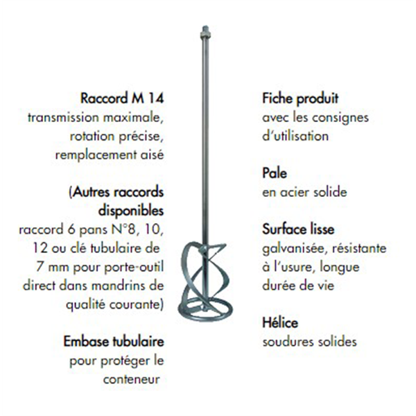 Pale de malaxage à hélice pour mortier Ø 120mm Raccord M14 Diam Industries - Longueur 600mm