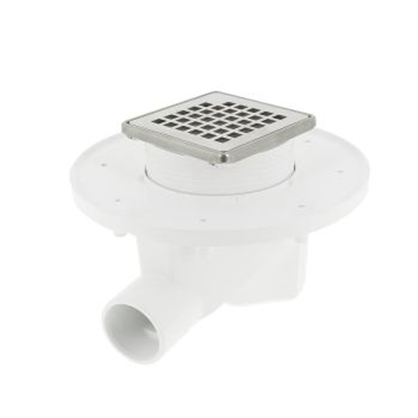 Siphon PVC pour sol carrelé avec grille 10 x 10 cm et cadre en Inox 304 - sortie horizontale ø 40/50 mm