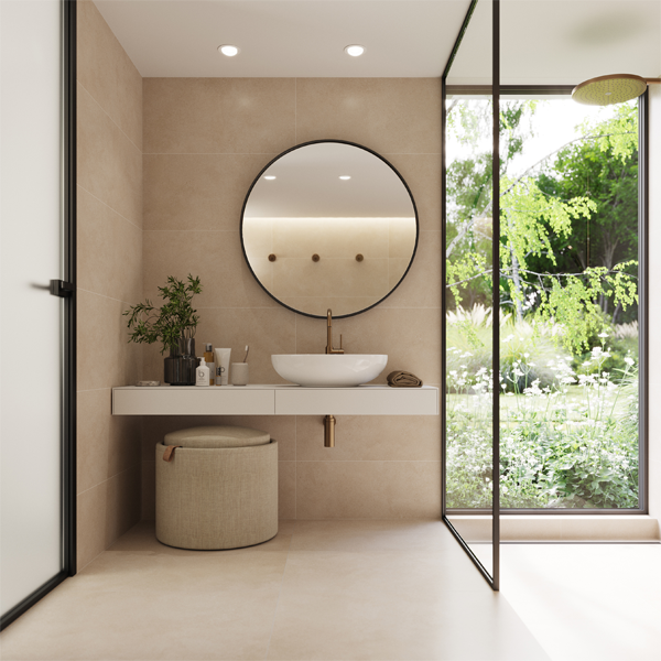 Faïence salle de bain effet béton ciré en grès cérame émaillé rectifié - Betonico - 60,0 CM x 30,0 CM - ép. 8,00 MM - Beige clair