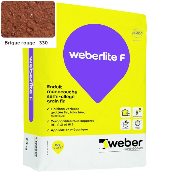 Enduit monocouche semi-allégé et coloré à grain fin WeberLite F 330 Brique rouge - sac de 25 KG
