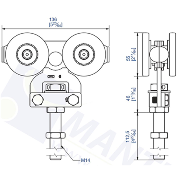 Monture à galet 226A pour rail 62x55 version longue 120 mm - Lot de 2