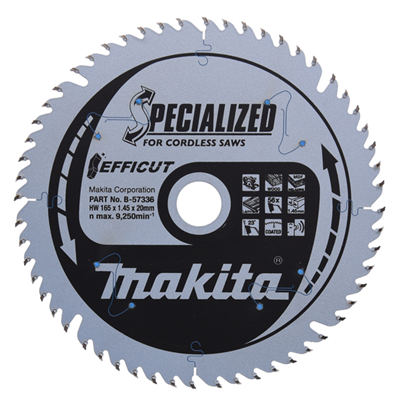 Lame carbure pour scie circulaire sans fil - Efficut Makita - bois MDF et stratifié - 56 dents - ⌀165 mm - alésage 20 mm