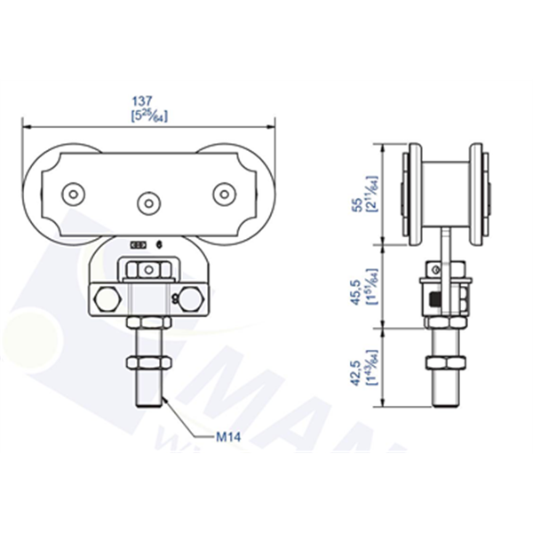 Monture fixation sur chant avec galet acier pour rail 62x55 - Lot de 2