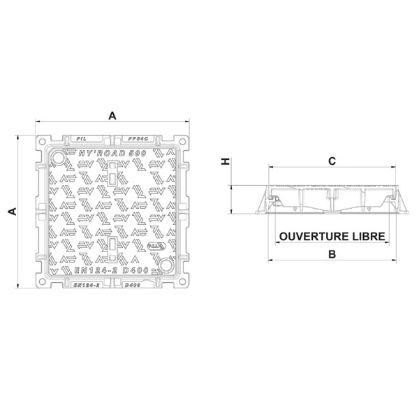 Regard de visite hydraulique verrouillé en fonte D400 avec surface antidérapante et garde anti-odeur - ouverture libre 500,0 mm x 500,0 mm