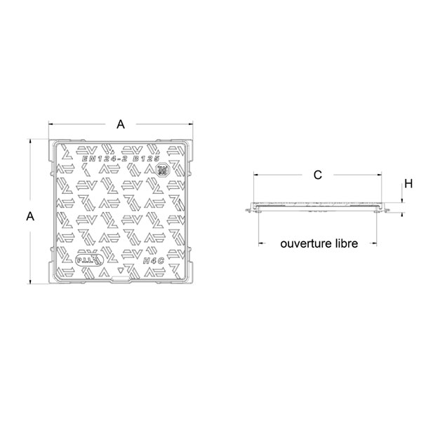 Regard de visite hydraulique carré en fonte C250 avec surface antidérapante et garde anti-odeur - ouverture libre 500,0 mm x 500,0 mm