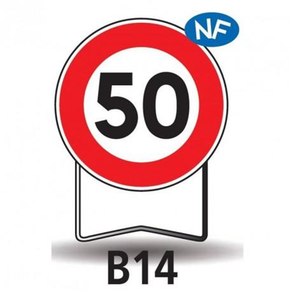 Panneau indication temporaire "50 km/h" B14 classe T1 dimensions 850 mm