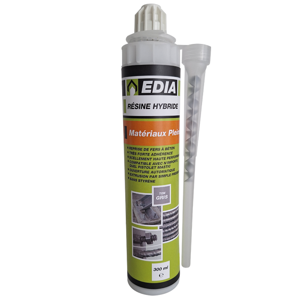 Résine hybride pour scellement haute performance - Edia - avec 2 embouts mélangeurs - cartouche de 300 ml