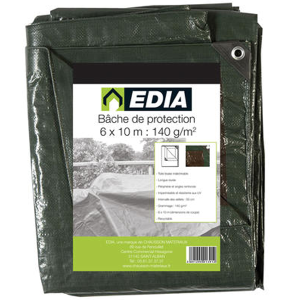 Bache de protection Edia imperméable vert 140 g/m² avec oeillet 6x10 m