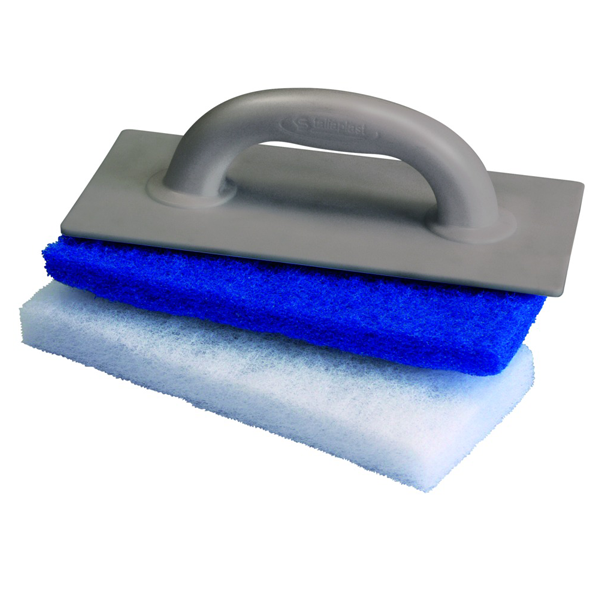 Platoir monobloc de carreleur avec bandes autogrippantes et 2 tampons abrasifs - dimensions platoir 28 x 14 x 2,5 cm