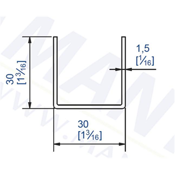 Rail de guidage profil U 30 x 30 mm de système coulissant Mantion - Acier galvanisé - Longueur 3 m