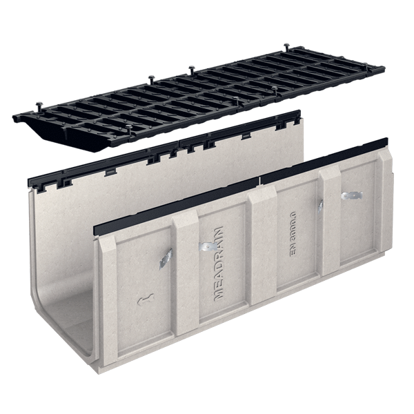 Caniveau en béton polymère MEADRAIN EN 3000 avec feuillures fonte et grille fonte D400 - Largeur 300,0 mm - Longueur 1 m