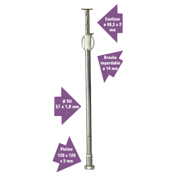 Étai universel Altrad Le Robuste avec renfort de pied et broche imperdable - hauteur 1,80 à 3 m