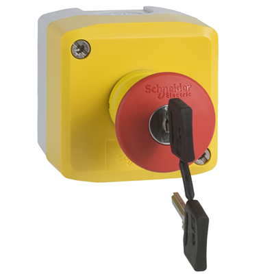 Boîte de bouton d'arrêt d'urgence Schneider XALK188F - jaune et rouge - pousser tourner à clé - 10 A - Ø 40 mm