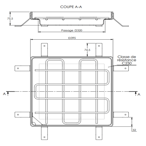 Tampon à remplir de béton ou à paver en acier galvanisé - BOTOLI TOB32 - pour boite de branchement - 395,0 mm x 395,0 mm