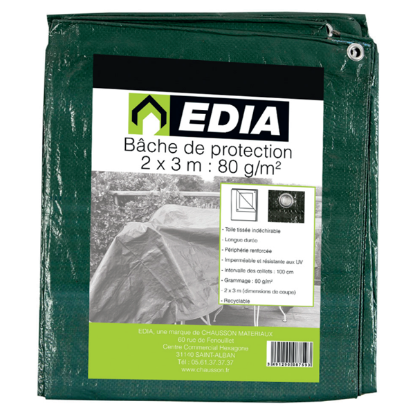 Bâche de protection imperméable verte - Edia - 80 g/m² avec œillets - 2 x 3 m