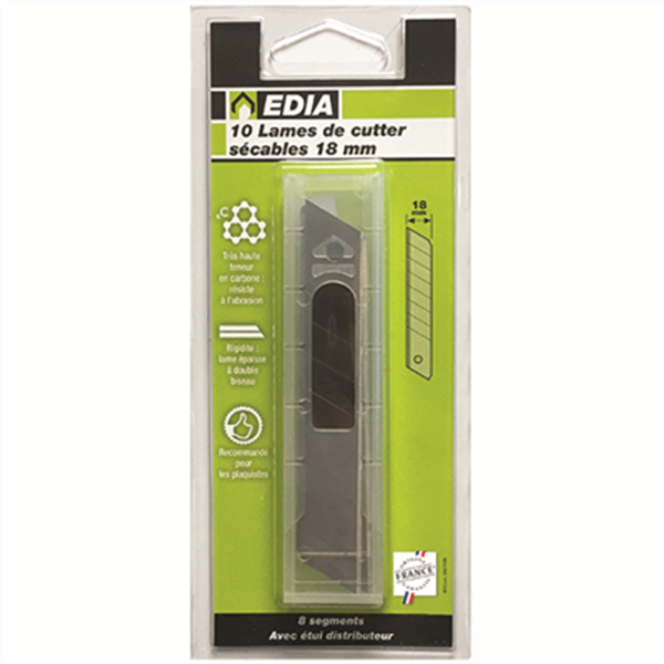Lame biseautée sécable pour cutter - Edia - Largeur 18 mm - Lot de 10 avec étui distributeur