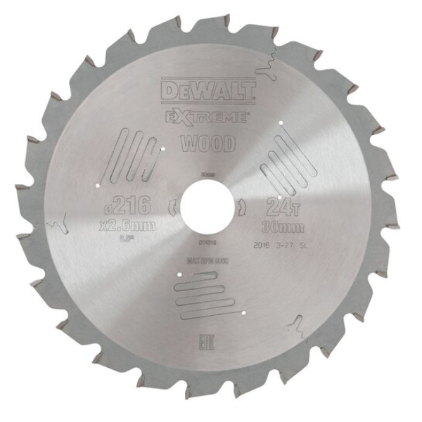 Lame de scie circulaire stationnaire extrême workshop 216x30mm - Dewalt - 24 dents
