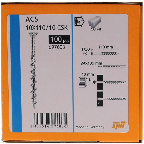 Vis à béton cellulaire avec tête fraisée Spit ACS CSK - 4 x 110 mm - boîte de 100