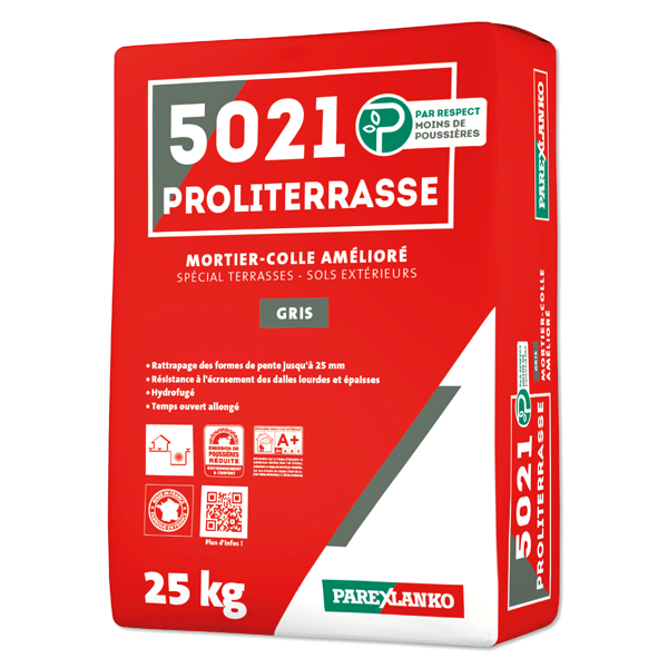 Mortier colle extérieur amélioré pour les sols de terrasse - 5021 Proliterrasse Gris - Sac de 25,0 kg