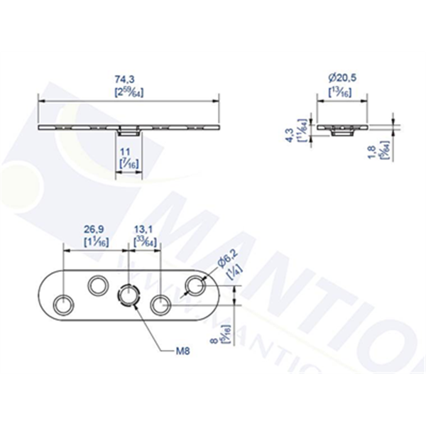 Platine pour fixation sur chant avec trou taraudé M8
