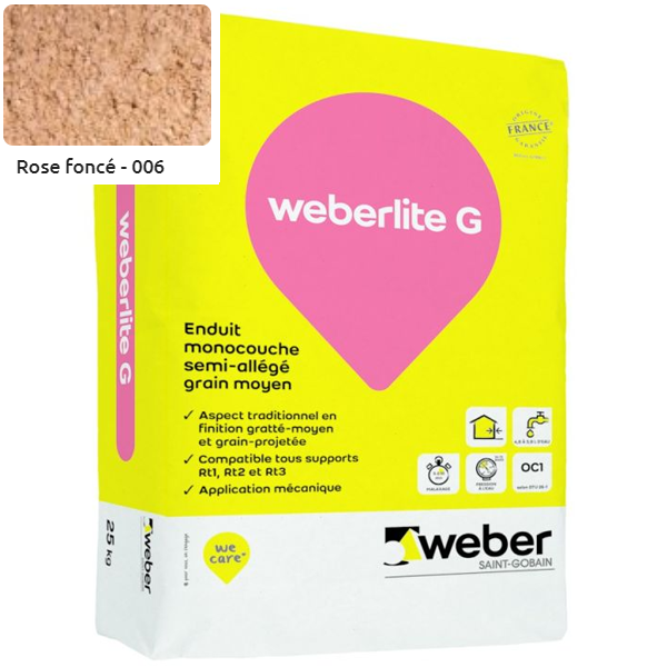 Enduit monocouche semi-allégé et coloré à grain moyen WeberLite G 006 Rose foncé - sac de 25 KG